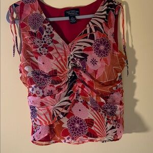 New York & Company Pink Floral Ruched V-Neck Tank Top